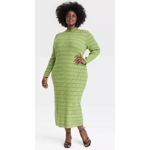 A New Day Lime Green Striped Ribbed Knit Mock Neck Long Sleeve Midi Dress
